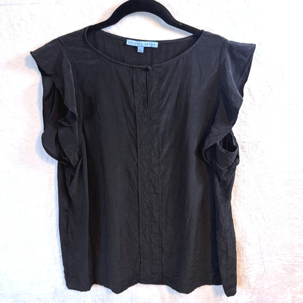 ANTONIO MILANI Black Silk Flutter Sleeve‎ Button Neck Blouse Top Women's SZ L